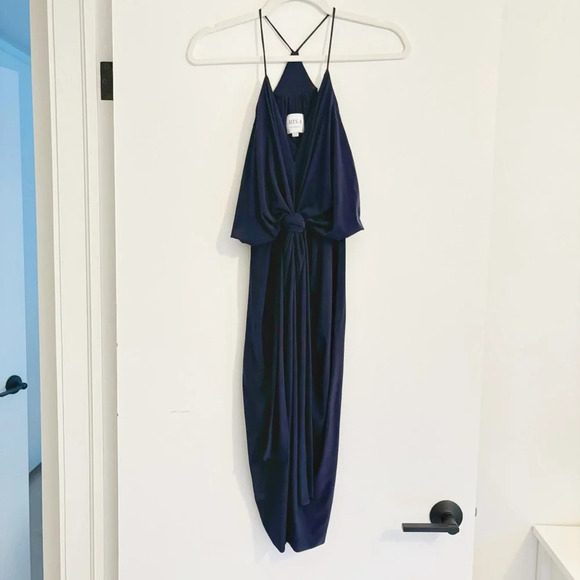 MISA Los Angeles Domino Dress Draped Ruched Knee Length Navy Size XS Cocktail - Picture 3 of 8